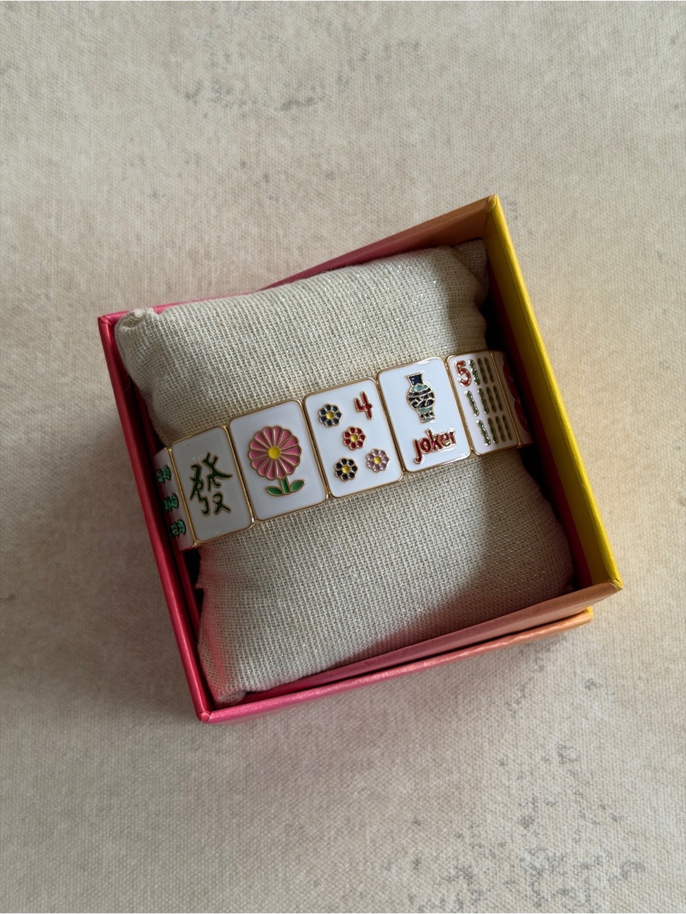 Mahjong White and Gold Enamel Tile Bracelet - Floral Accent